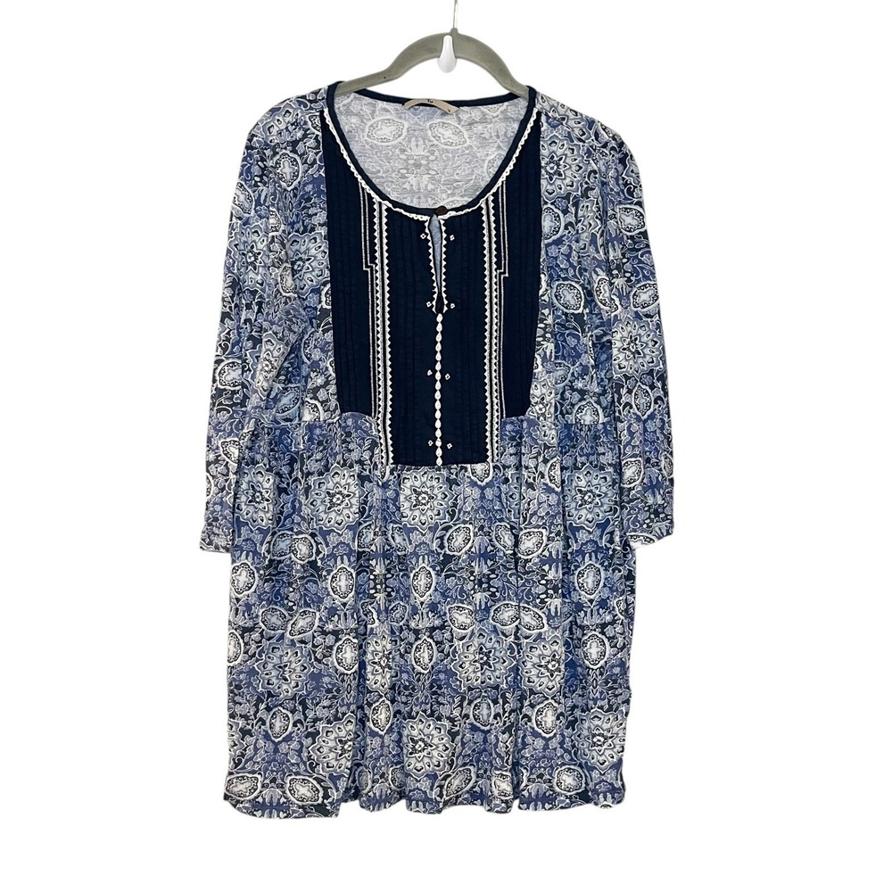 Tu Blue Floral Paisley Scoop Neck Long Sleeve Floral Resort Top Peasant‎ Boho 18
